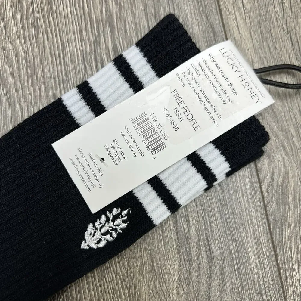 2 Pack Free People Movement Logo Stripe Tube Socks Black Lucky Honey One Size